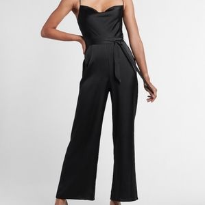 Express Satin Belted Cowl Neck Wide Leg Jumpsuit